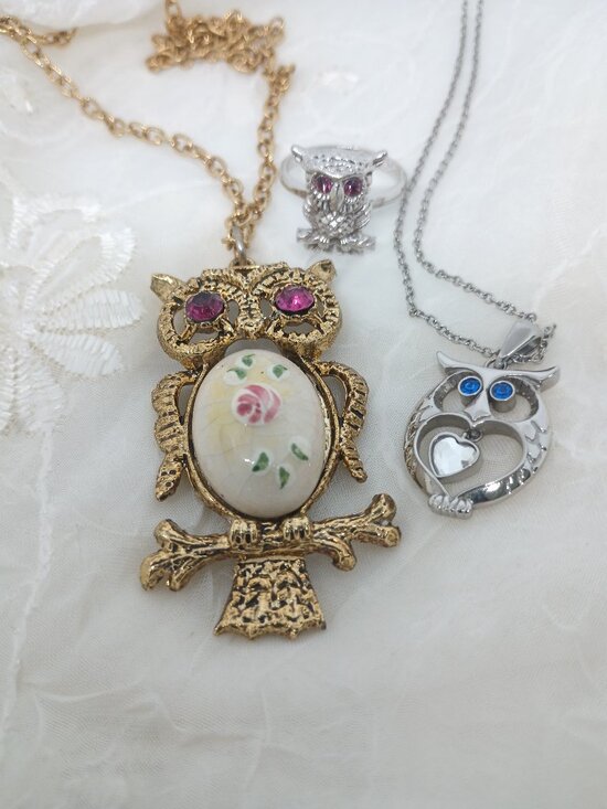 Sarah Coventry Jewelry - Owl lot~Pink Rhinestone Jelly Belly Necklace,Sarah Cov Ring, Blue Eyed Steel Owl